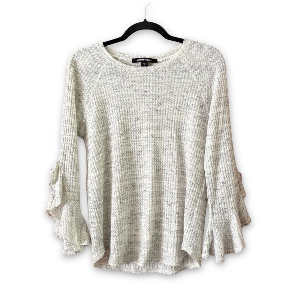Fifteen Twenty Gray Thermal Ruffle Sleeve Top Size XS Boho Bohemian Neutral